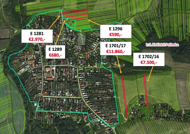 Aerial view of agricultural and forest lands in Košická Polianka with marked prices.