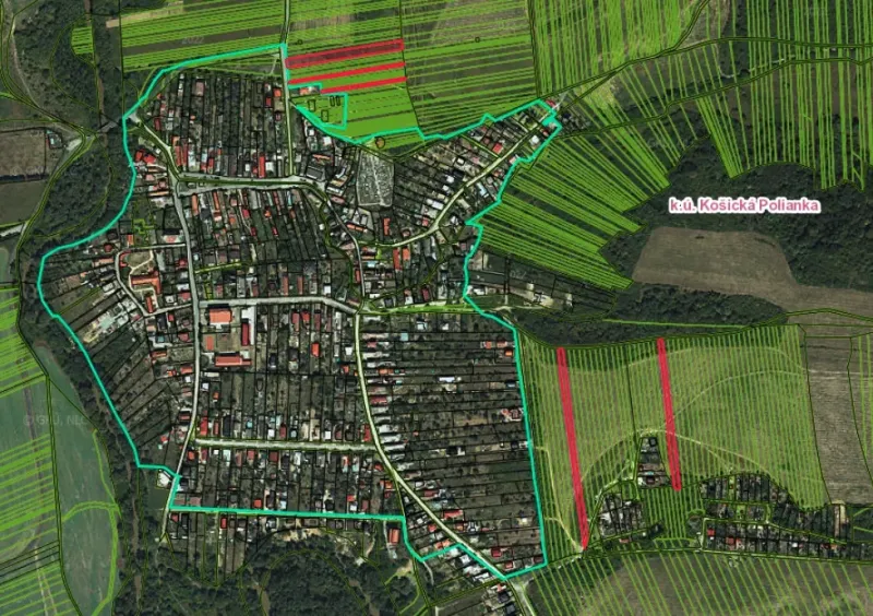 The village of Košická Polianka is surrounded by agricultural and forest lands with green and red areas.