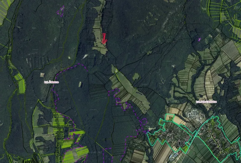 Agricultural and forest lands surround the village of Príbelce and extensive areas.