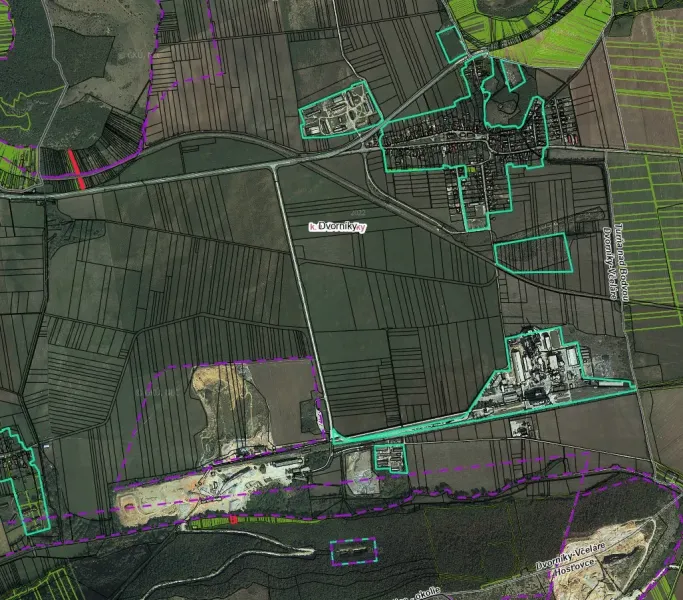 Cadastral map of the Dvorníky - Včeláre area with fields and properties in Záhrady.