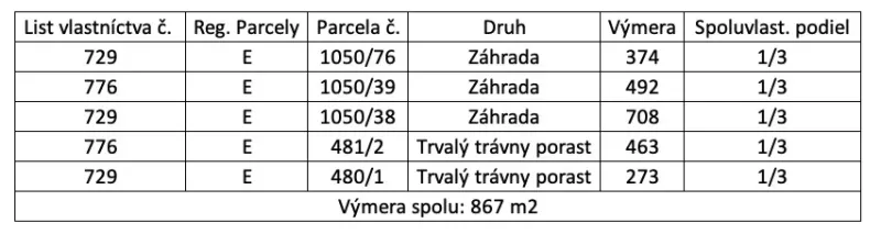 The table shows a list of plots including the area and co-ownership shares in the locality of Dvorníky - Včeláre.