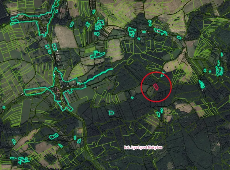 Map of agricultural and forest land around the village of Lysá pod Makytou.