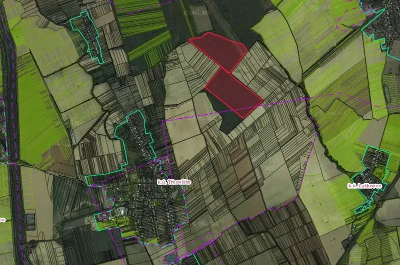 Aerial view of agricultural and forest lands in the area of Trhovištia and Láskoviec.
