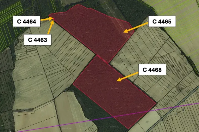 Aerial photograph of agricultural and forest lands in Trhovištia with marked parcels.
