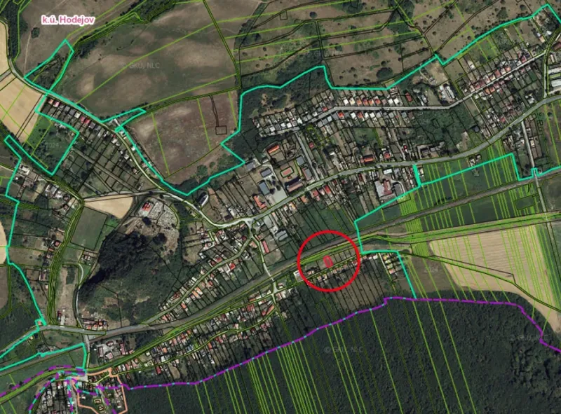 Aerial view of residential land in Hodejov, with marked plots.