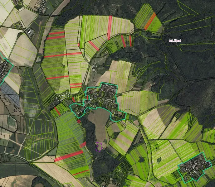 Aerial view of agricultural and forest lands around Šávoule with parcelization.