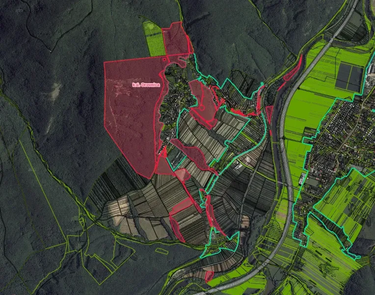An overview of agricultural and forest land near Orovnica with delineated parcel boundaries.