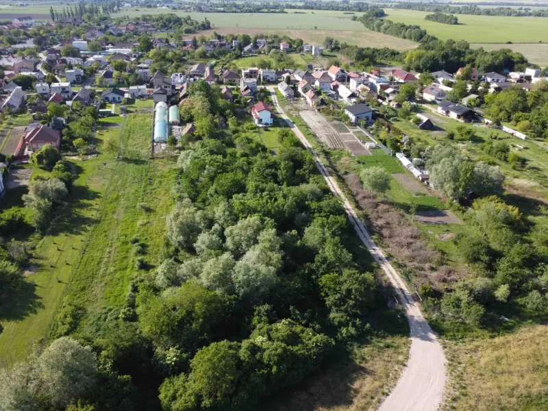 Aerial view of the Gardens in Branč, surrounded by greenery and houses.