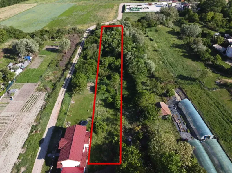 A plot of land in the gardens of the town of Branč, surrounded by greenery and dirt roads.