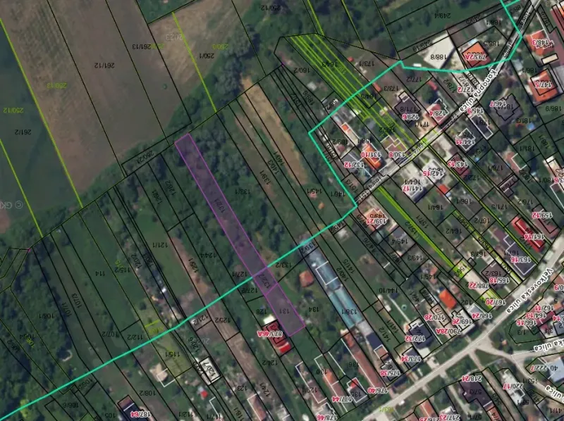 Aerial view of gardens in the town of Branč with marked plots.