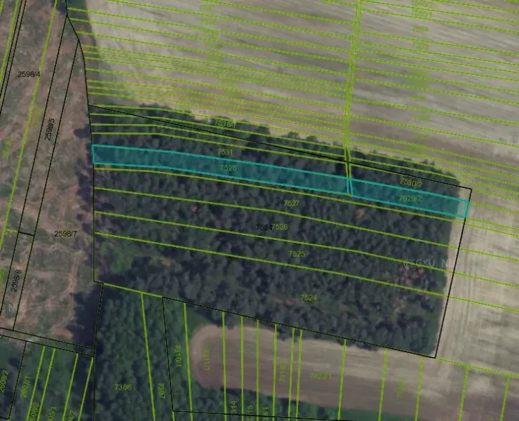 Aerial view of agricultural and forest land in Lozorno, with highlighted parcel boundaries.