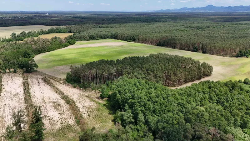Aerial view of agricultural and forest lands near Lozorno with cultivated fields and forests.