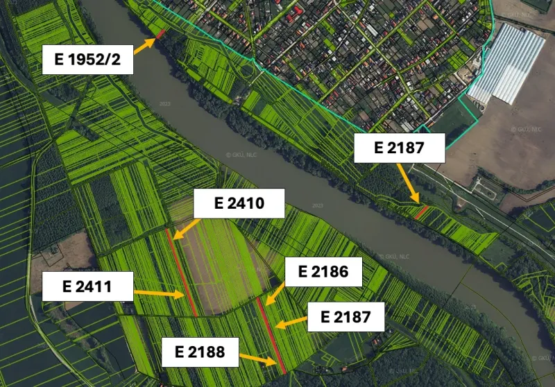 Satellite map of agricultural and forest land in Zemné, with marked parcel numbers.