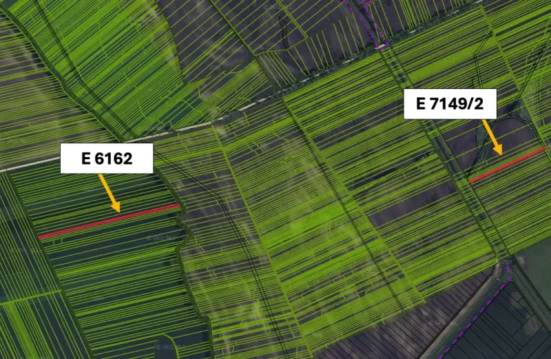Aerial view of agricultural and forest lands around Zemné with parcels E 6162 and E 7149/2.