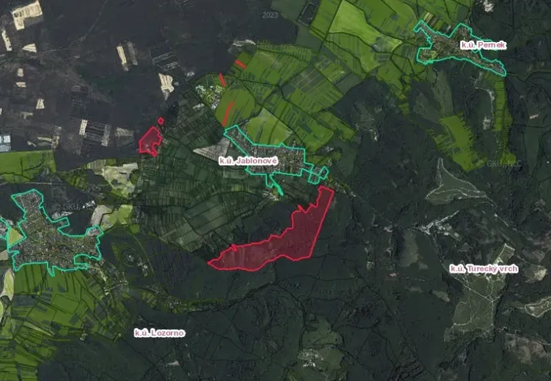Satellite view of agricultural and forest lands around Jablonové.