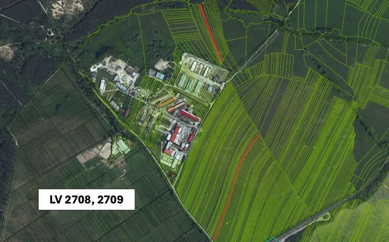 Aerial photograph of agricultural and forest lands in Jablonové with highlighted parcels.