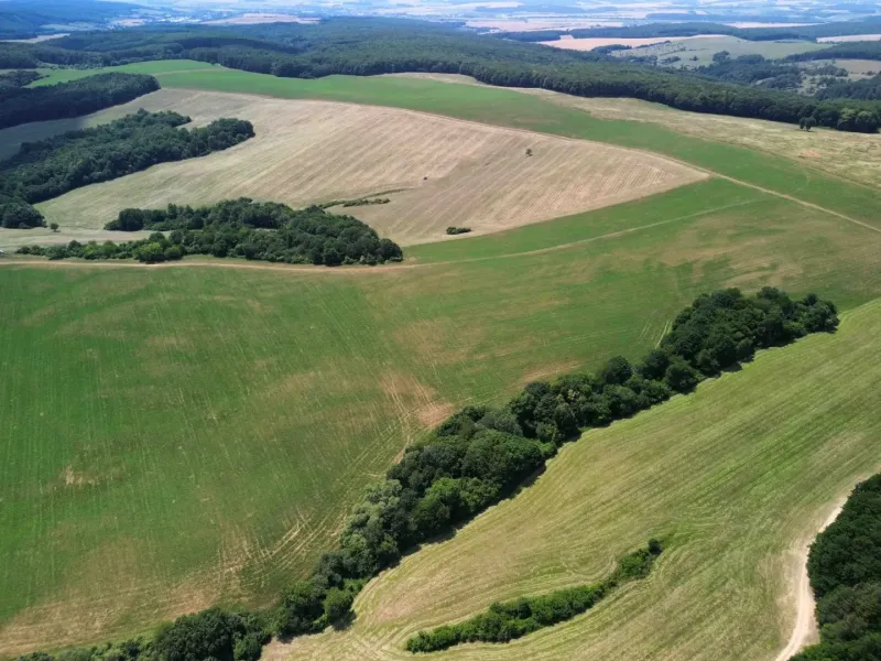 Aerial view of agricultural and forest lands in Žitná - Radiša with meadows and forests.