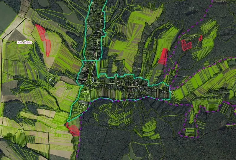 Aerial view of the agricultural and forest lands of the village Žitná - Radiša.