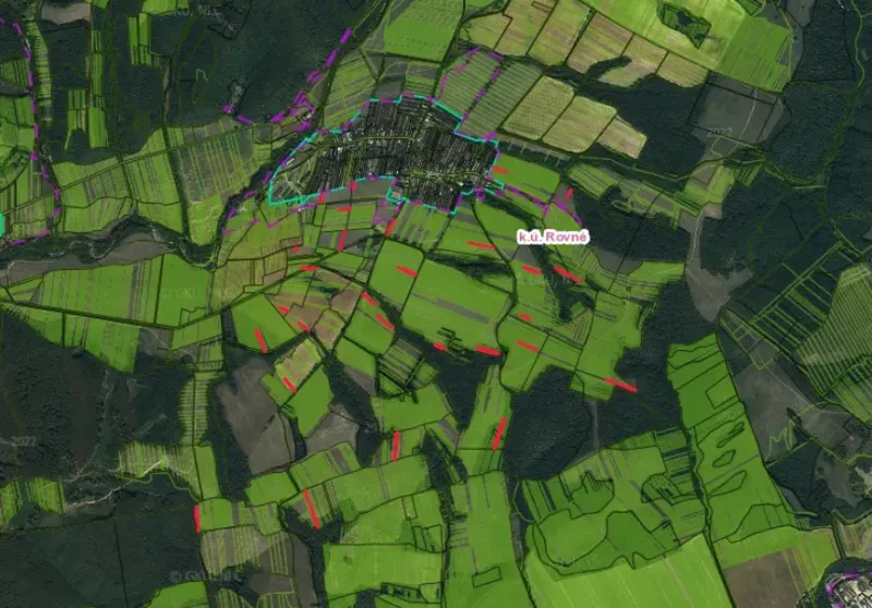 Agricultural and forest lands in Rovné, viewed from a bird's eye perspective.