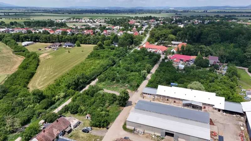 Aerial view of the Parchovany Industrial Area with surrounding residential plots.