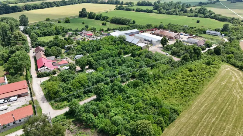 Aerial view of green lands - housing in Parchovany surrounded by fields and greenery.