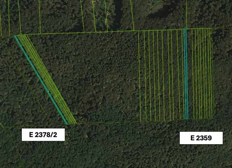 Aerial view of agricultural and forest lands in Koňuš with parcels E 2378/2 and E 2359.