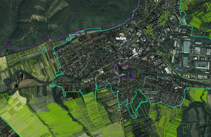 Satellite view of unusual properties and green fields in the town of Snina.