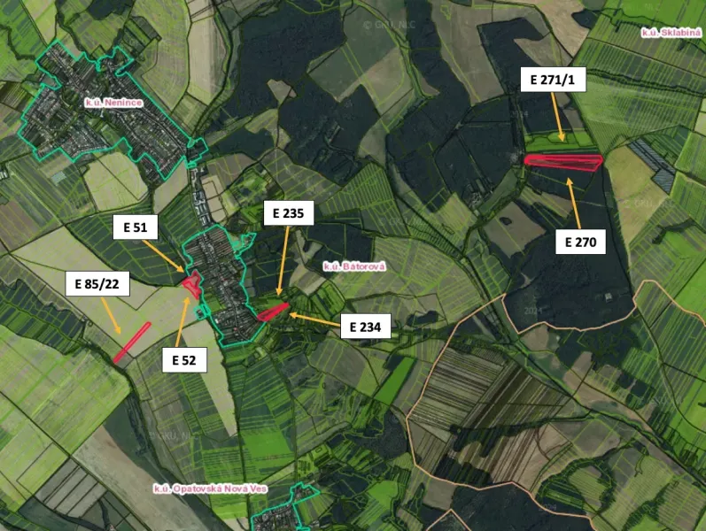 Map of agricultural and forest land around Bátorová with marked parcels.