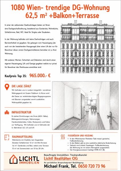 2-room apartment with wood-patterned flooring includes a balcony and a terrace.