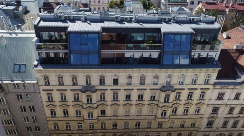A historical building with a modern extension on Lange Gasse in Vienna 8, Josefstadt.