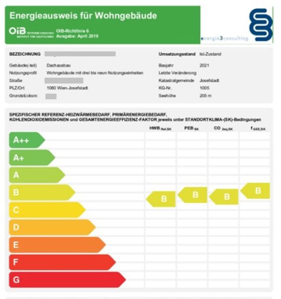 Energy certificate for a residential building in the area of Wien 8., Josefstadt. Category B.