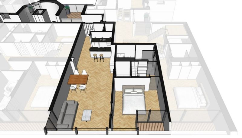 Floor plan of a 2-room apartment with a kitchen, living room, and dining area.