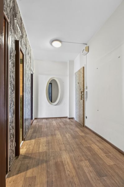 A hallway in a one-room apartment with a wooden decor floor and a decorative mirror.