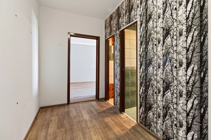 A hallway in a one-room apartment with nature-themed wallpaper and a wooden decor floor.