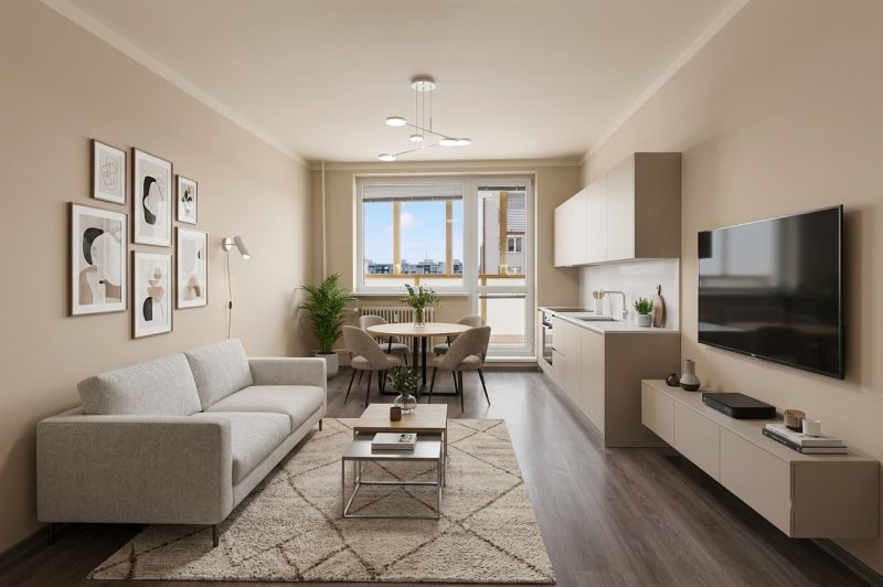 Living room in a one-room apartment with a wooden decor floor and a sofa.