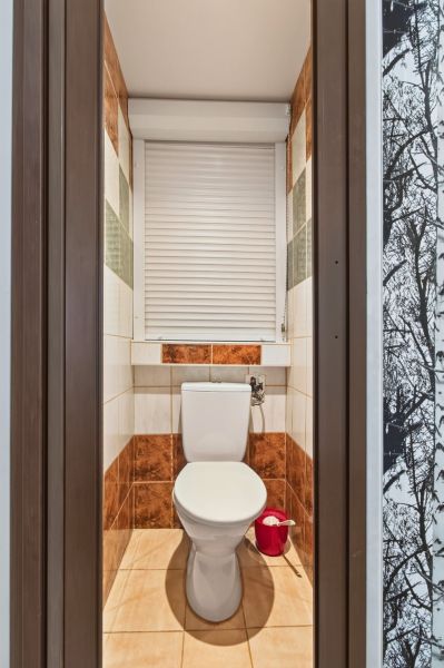 Bathroom corner in a studio apartment with brown tiles and a toilet.