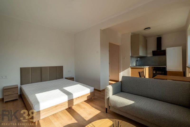 Bed, gray sofa, and kitchen with wooden decor in a studio apartment.