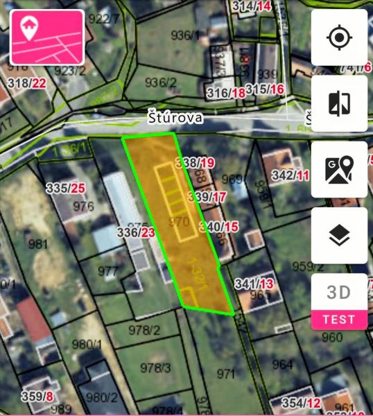 Parcel map on Štúrova Street in Nitrianske Rudno, designated for residential plots.