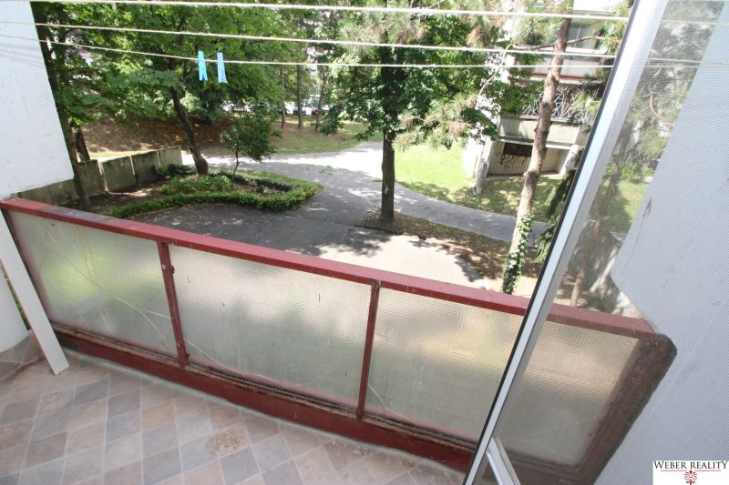 The view from the balcony of a 2-room apartment on Talichova Street in Bratislava - Dúbravka, overlooking a courtyard covered with trees.
