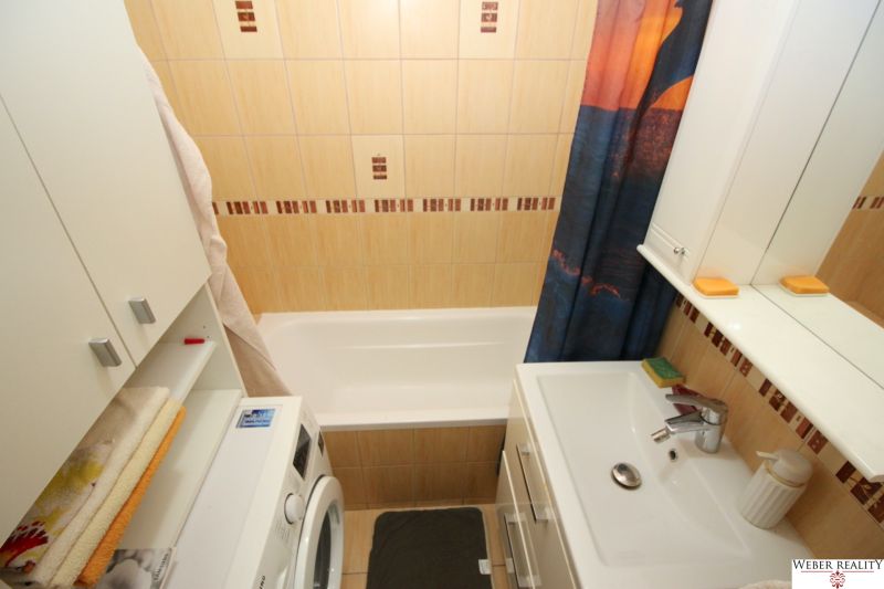 A bathroom in a 2-room apartment with a shower curtain, a washing machine, and a cabinet.