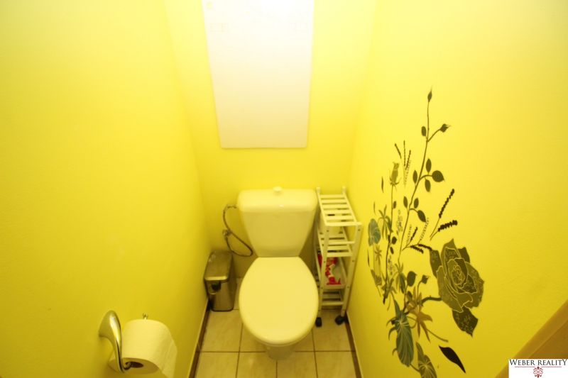 A bathroom in a 2-room apartment with a floral motif on a yellow wall.
