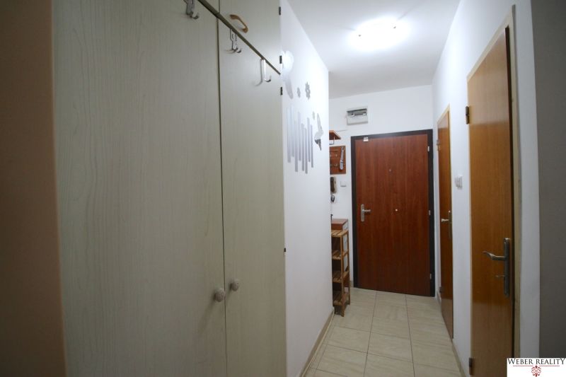 Entrance hallway in a 2-room apartment with tiled flooring and wardrobes.