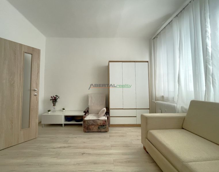 Living room in a 3-room apartment with a wooden decor floor, a sofa, and a wardrobe.