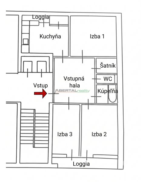Layout of a 3-room apartment with balconies, kitchen, and entrance hall.