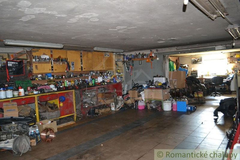 A family house garage with workbenches and tools, a floor with a wooden decor.
