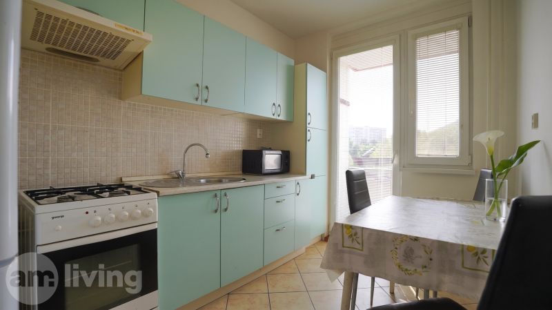 A kitchen in a 3-room apartment with green cabinets, a dining table, and a gas stove.