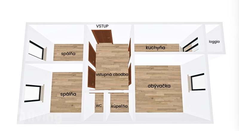 Floor plan of a 3-room apartment with wood-patterned flooring, including the kitchen and loggia.