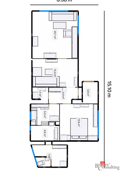 Floor plan of a family house with four rooms, a kitchen, and a bathroom. Dimensions 8.58 x 15.10 meters.