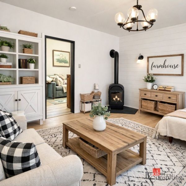 Living room in a family house with a fireplace, wooden decor flooring, and white furniture.