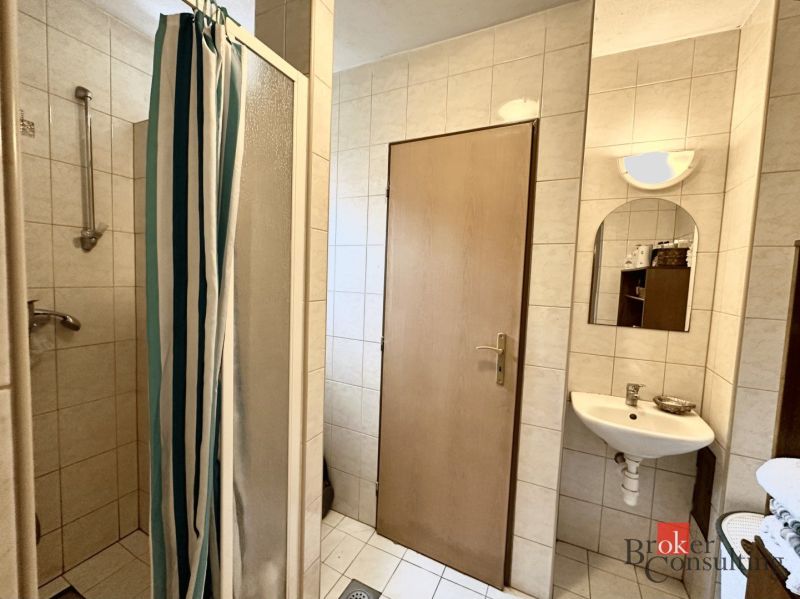 A bathroom in a family house with a sink, a shower, and tiles.